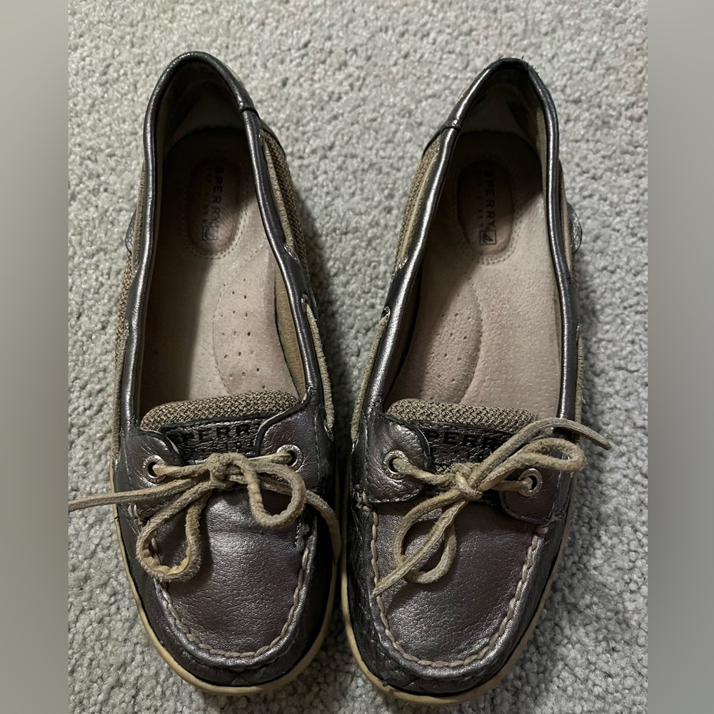Sperry loafers, pewter color, wore a lot, sz 7.5. $10